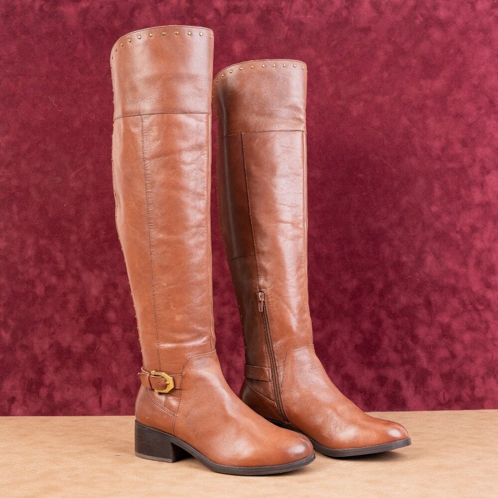 Gibson+Latimer Women Brown Leather OTK Stud Buckle fashion Boots sz 8